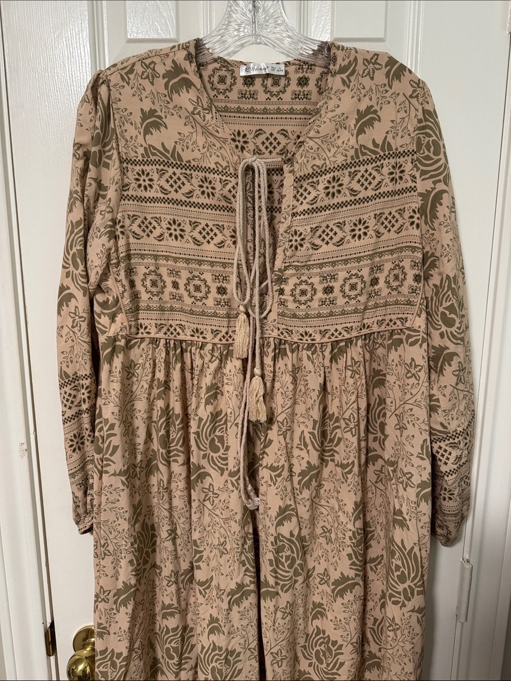 Boho Floral Midi Dress with Tassel Tie - Beige/Olive